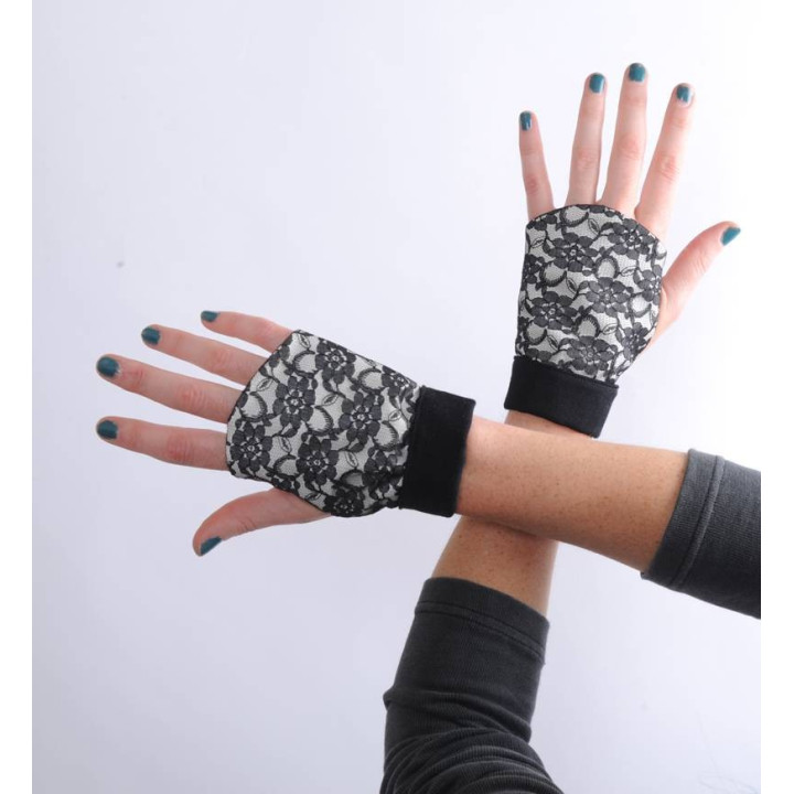 Black lace and white cotton fingerless gauntlets