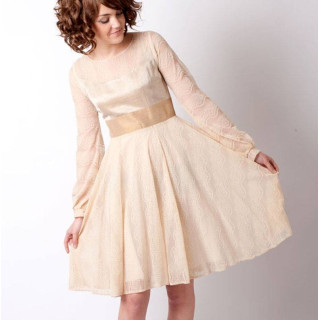 Beige lace mesh dress with long sleeves and sheer neckline