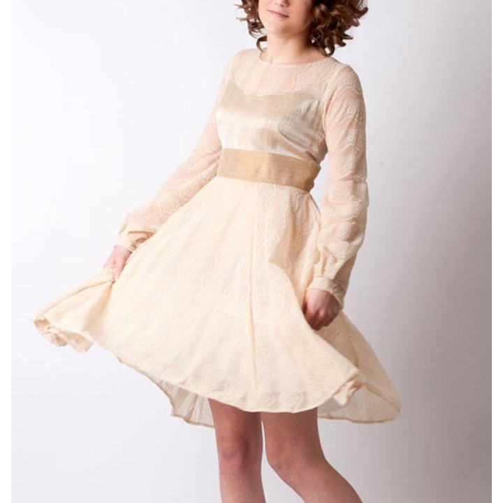 Beige lace mesh dress with long sleeves and sheer neckline