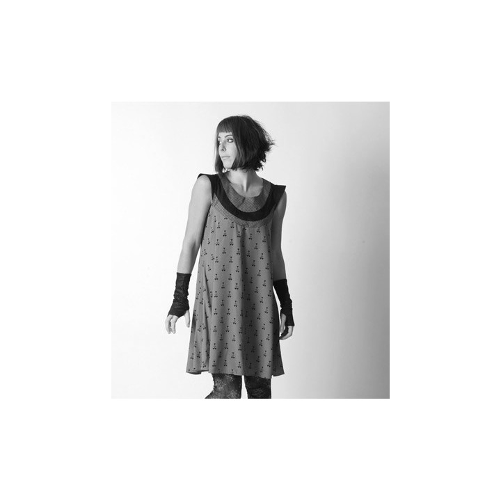 Flared dress, with assorted fabrics neckline and tiny sleeves - CUSTOM HANDMADE