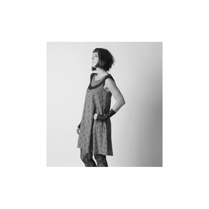 Flared dress, with assorted fabrics neckline and tiny sleeves - CUSTOM HANDMADE