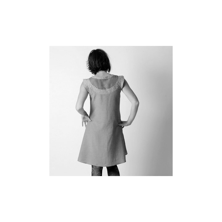 Flared dress, with assorted fabrics neckline and tiny sleeves - CUSTOM HANDMADE