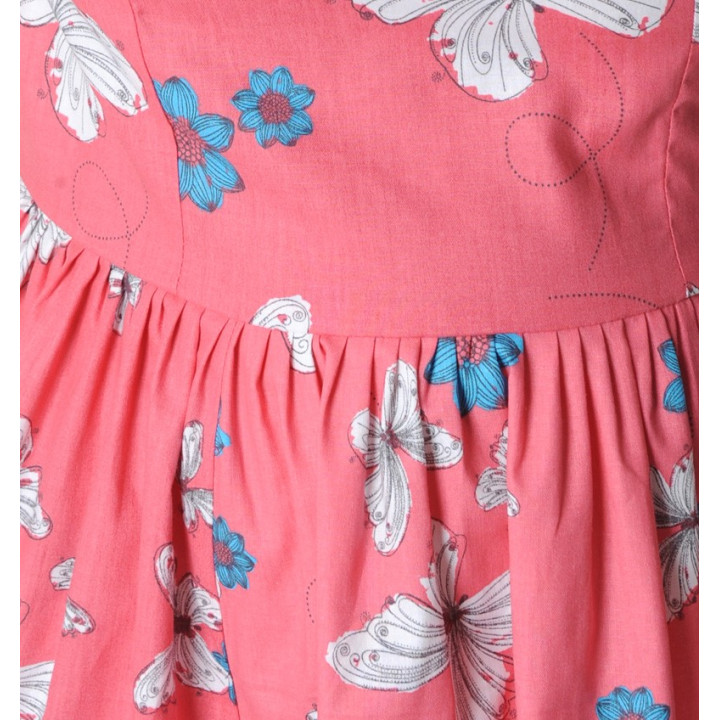 Robe coton rose motifs papillons, bretelles ou petites manches