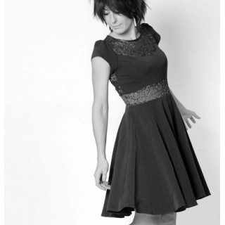 Flared dress with V neckline and high collar - CUSTOM HANDMADE