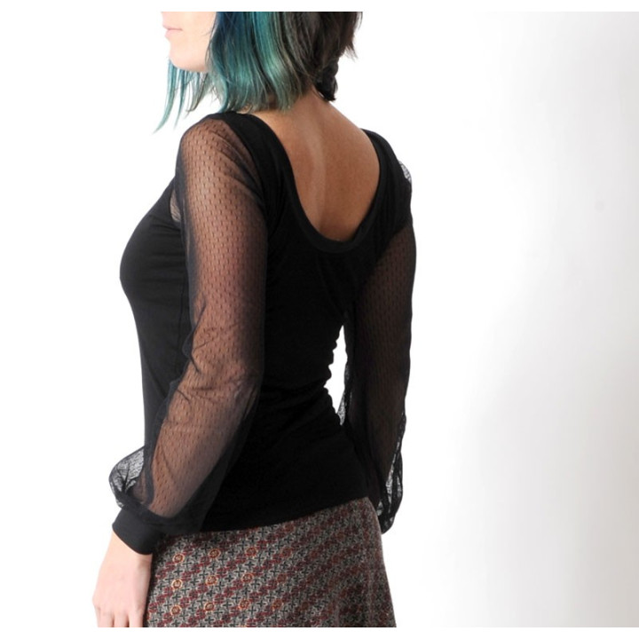 Black womens fitted top with dotted mesh patterned long sleeves
