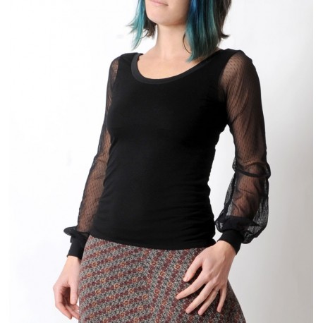Black womens fitted top with dotted mesh patterned long sleeves