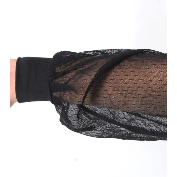 Black womens fitted top with dotted mesh patterned long sleeves