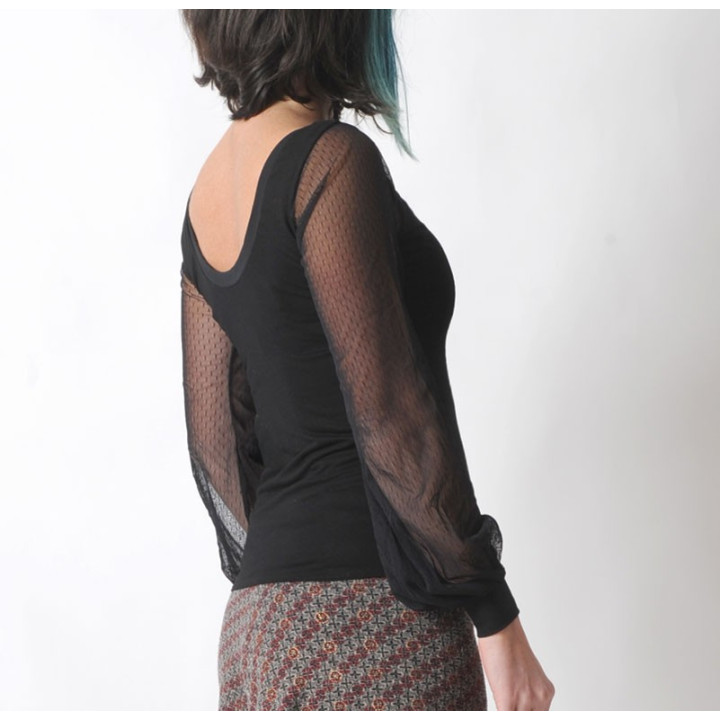 Black womens fitted top with dotted mesh patterned long sleeves