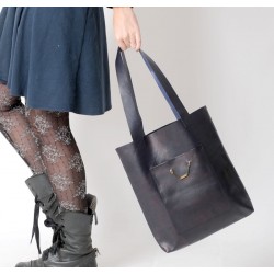 Dark blue leather shopping tote bag, with two pockets