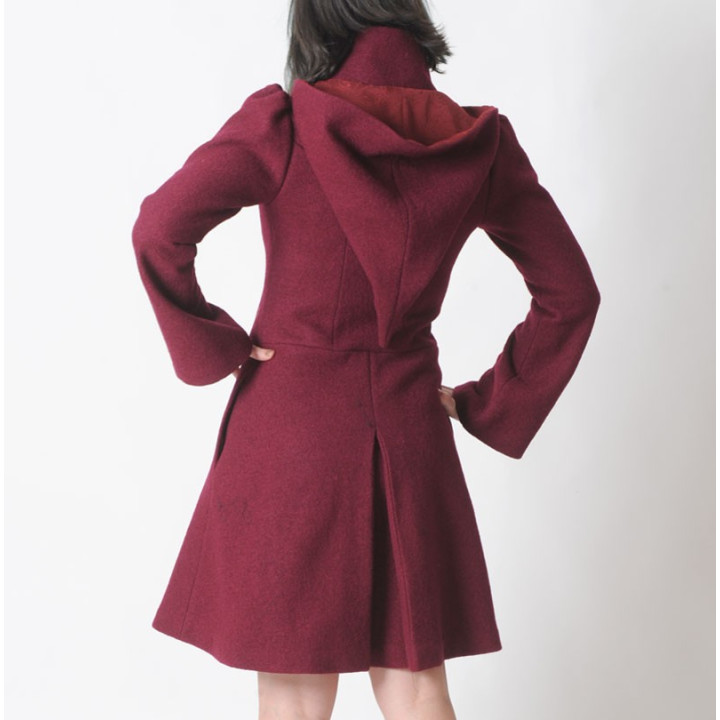 Manteau made in france  femme en laine rouge bordeaux, manteau fait main à capuche pointue