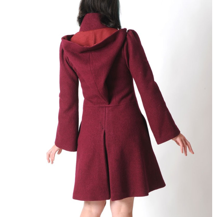 Raspberry red warm winter Pixie coat with Goblin Hood in virgin wool