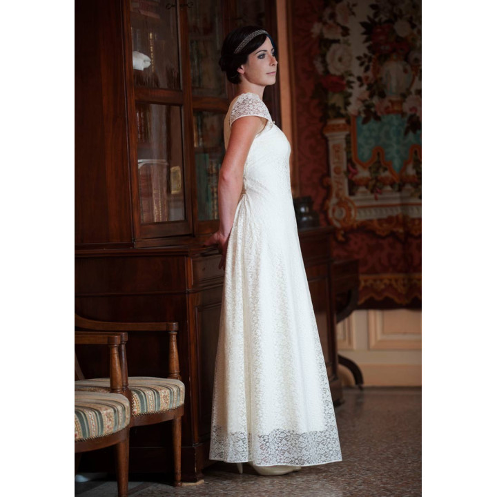 Long white lace wedding dress with back lace-up and short sleeves