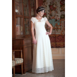 Long white lace wedding dress with back lace-up and short sleeves