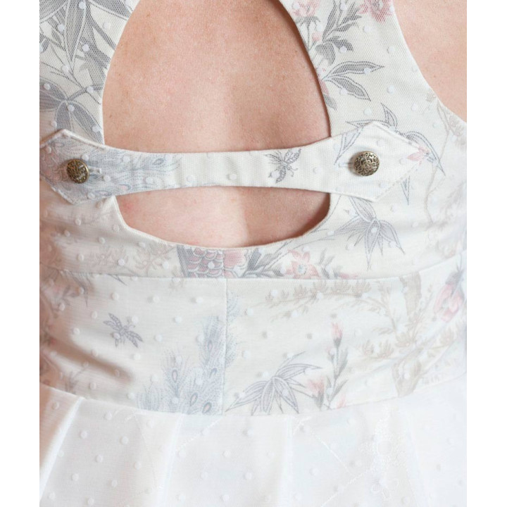 Robe à bretelles beige et blanche - imprimé oiseaux, résille plumetis