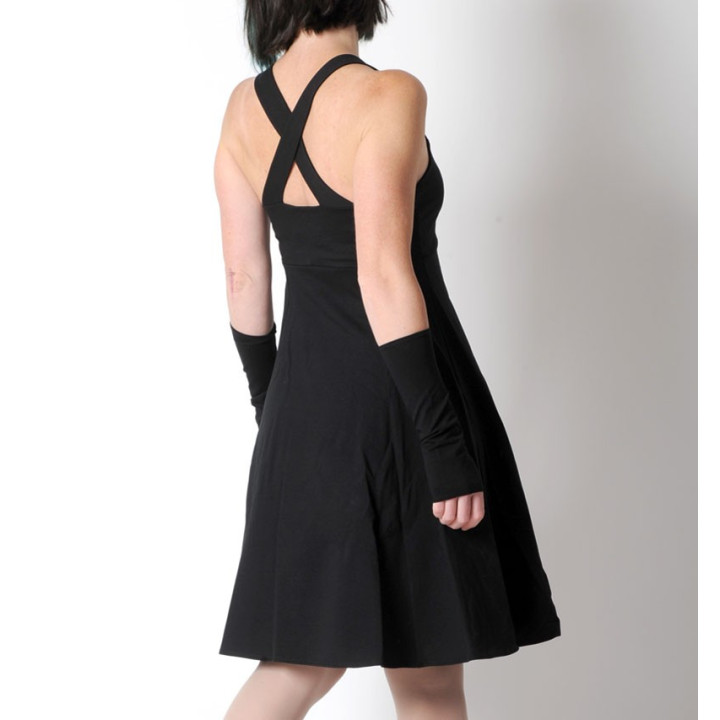 Black flared jersey dress with crossed straps