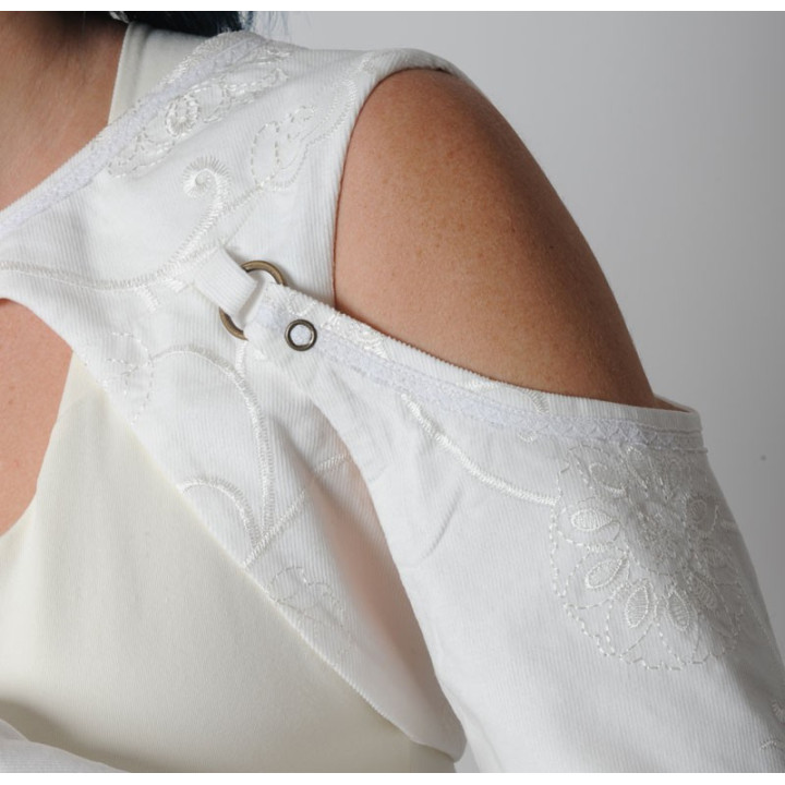 White bolero with removable sleeves, Embroidered babycord