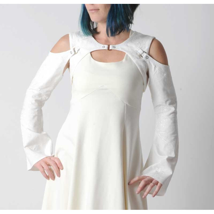 White bolero with removable sleeves, Embroidered babycord