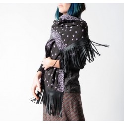 Long Starry scarf with leather fringes, black and purple