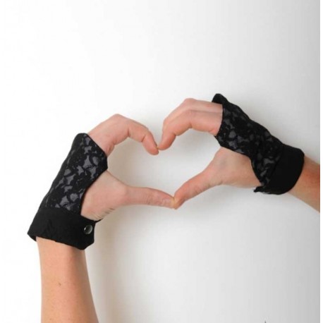 Black lace and grey cotton fingerless gauntlets