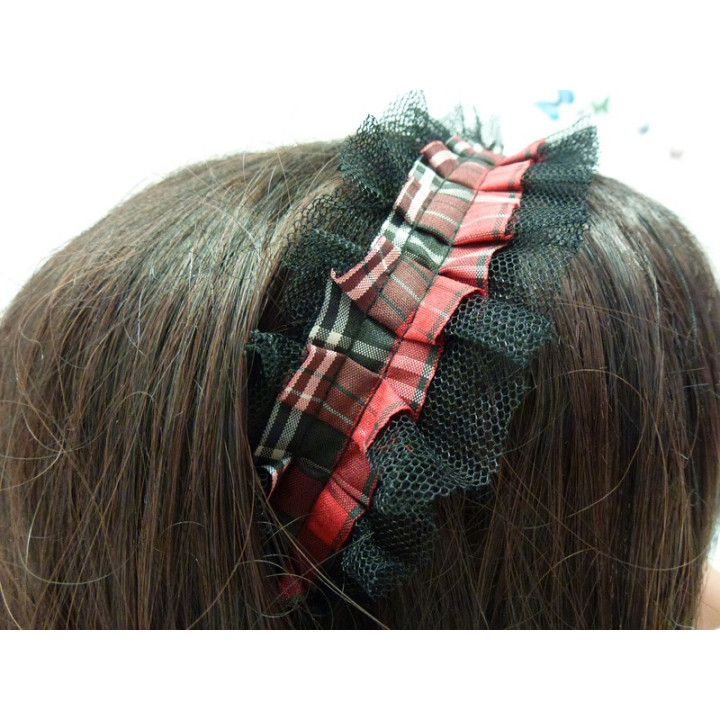 Red plaid and black lace headband in gathered ruffles