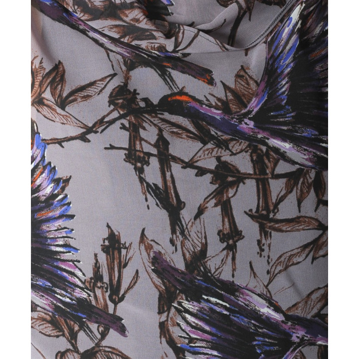 Sleeveless wide top, in supple grey voile with purple bird print