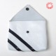 White leather medium sized pouch with dark blue stripes