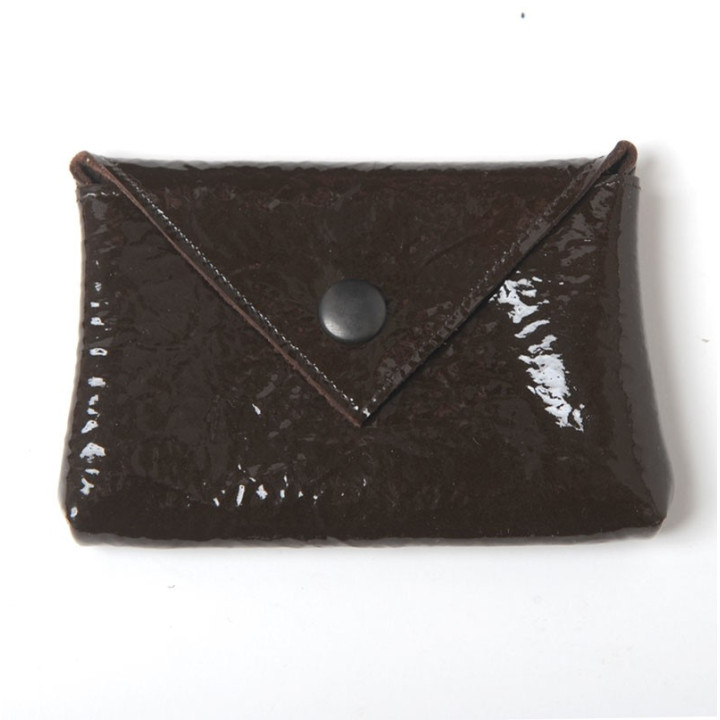 Dark brown varnished leather small pouch for cards or coins