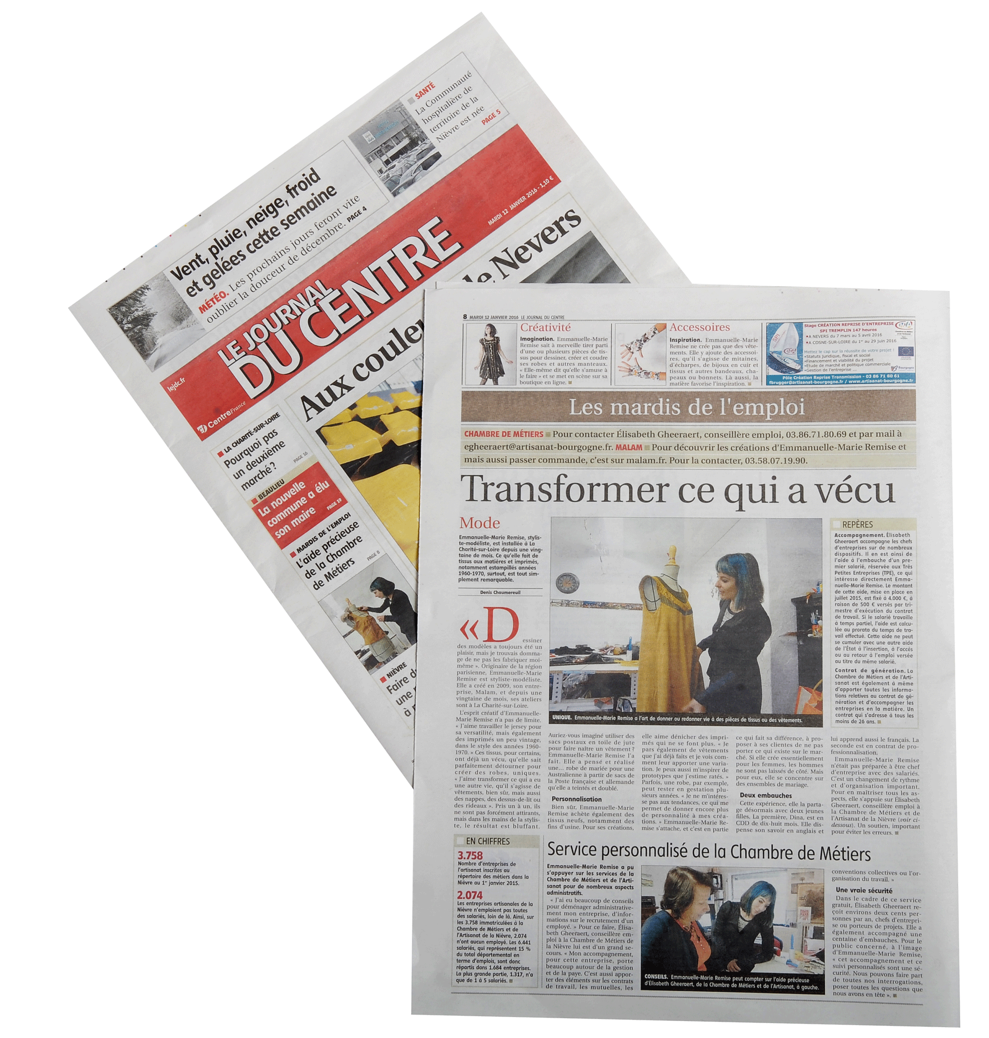 Article du Journal du Centre sur Emmanuelle-Marie et la transformation de matières anciennes chez MALAM