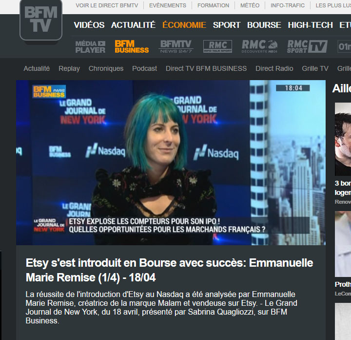 Emmanuelle-Marie Remise de MALAM invitée sur BFM Business lors de l’introduction en Bourse d’Etsy