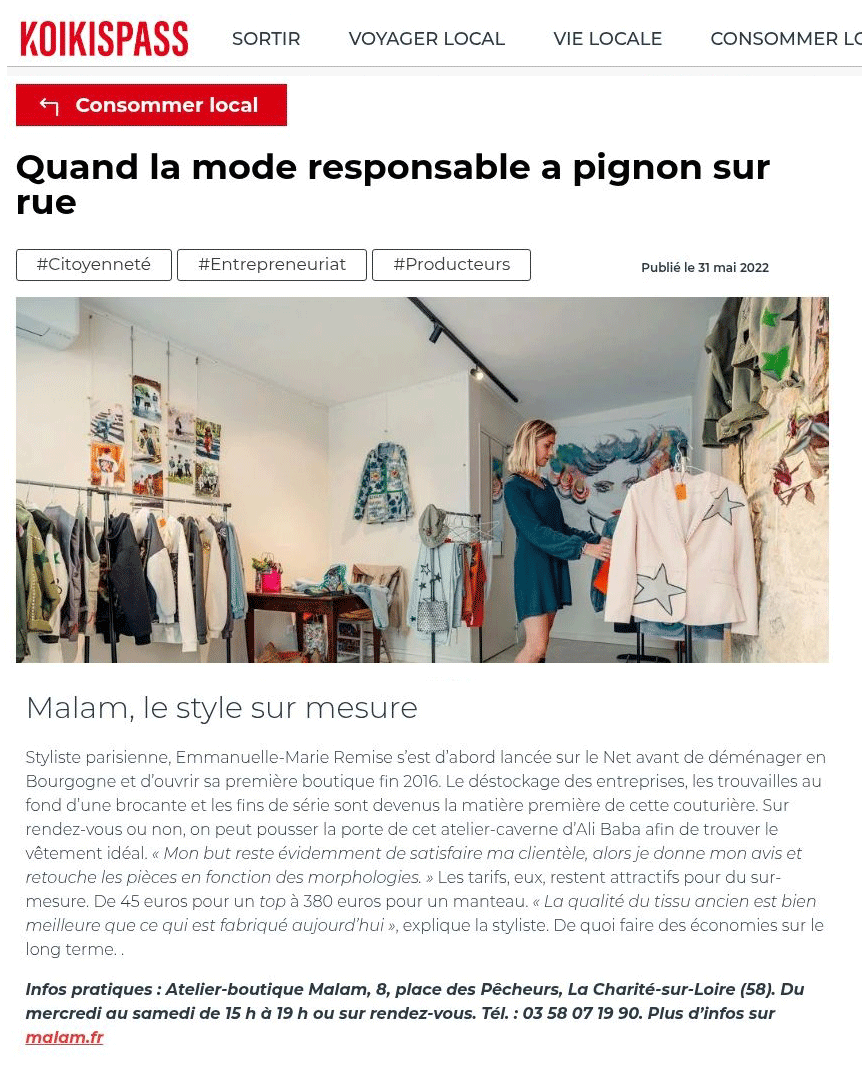 Article Koikispass sur la mode écoresponsable illustré par Emmanuelle-Marie dans la boutique MALAM
