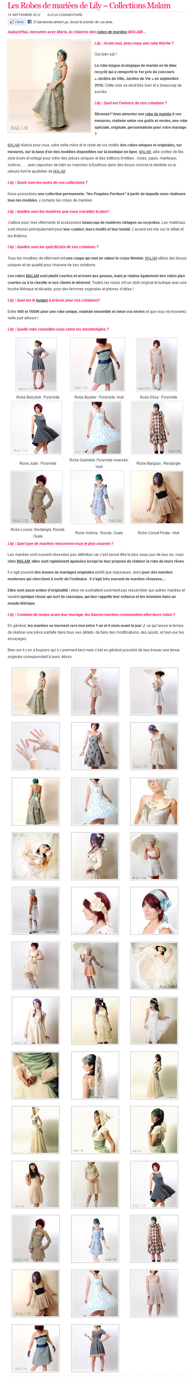 Article Les Robes de mariées de Lily présentant les collections mariage MALAM